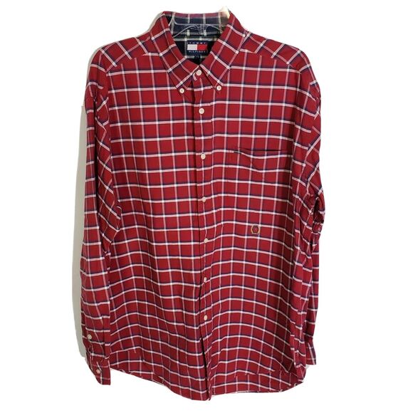 VTG Tommy Hilfiger Mens Shirt Size Large Red Plaid Button Down Crest Logo L/S - Picture 1 of 10